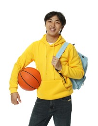 Photo of Student with basketball ball and backpack on white background