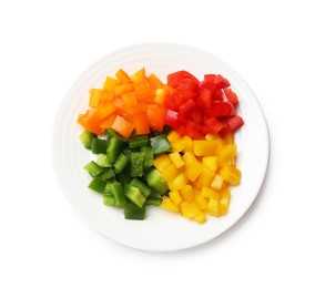 Photo of Cut colorful bell peppers isolated on white, top view