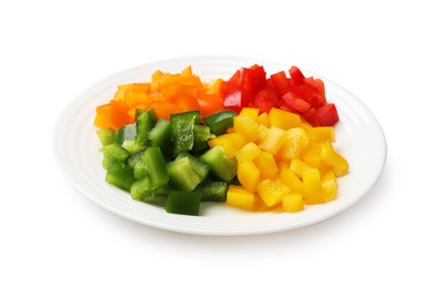Photo of Cut colorful bell peppers isolated on white