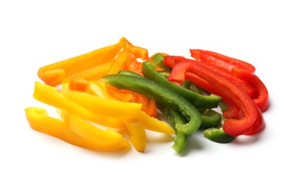 Photo of Cut colorful bell peppers isolated on white
