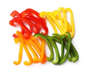 Photo of Cut colorful bell peppers isolated on white, top view