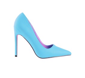 Image of One stylish light blue high heeled shoe on white background