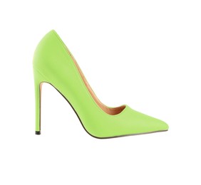 Image of One stylish light green high heeled shoe on white background