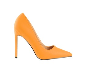 Image of One stylish orange high heeled shoe on white background