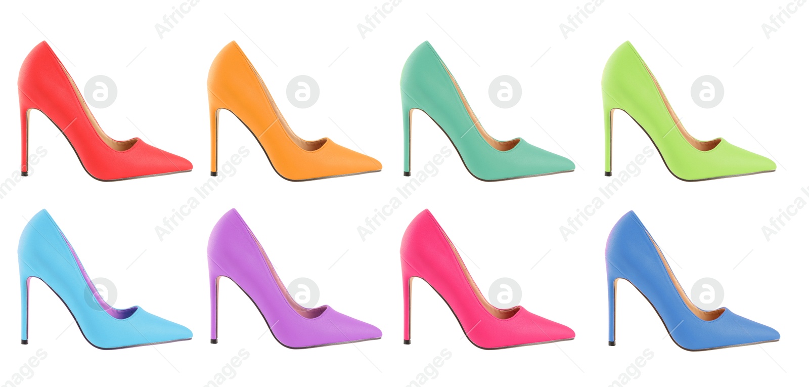 Fashionable high heeled shoes in different colors on white background, collage Image of Fashionable high heeled shoes in different colors on white background, collage