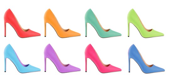 Image of Fashionable high heeled shoes in different colors on white background, collage