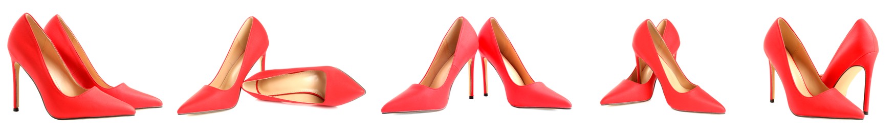 Image of Fashionable red high heeled shoes on white background, set