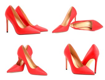 Image of Fashionable red high heeled shoes on white background, set