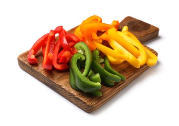 Photo of Cut colorful bell peppers isolated on white