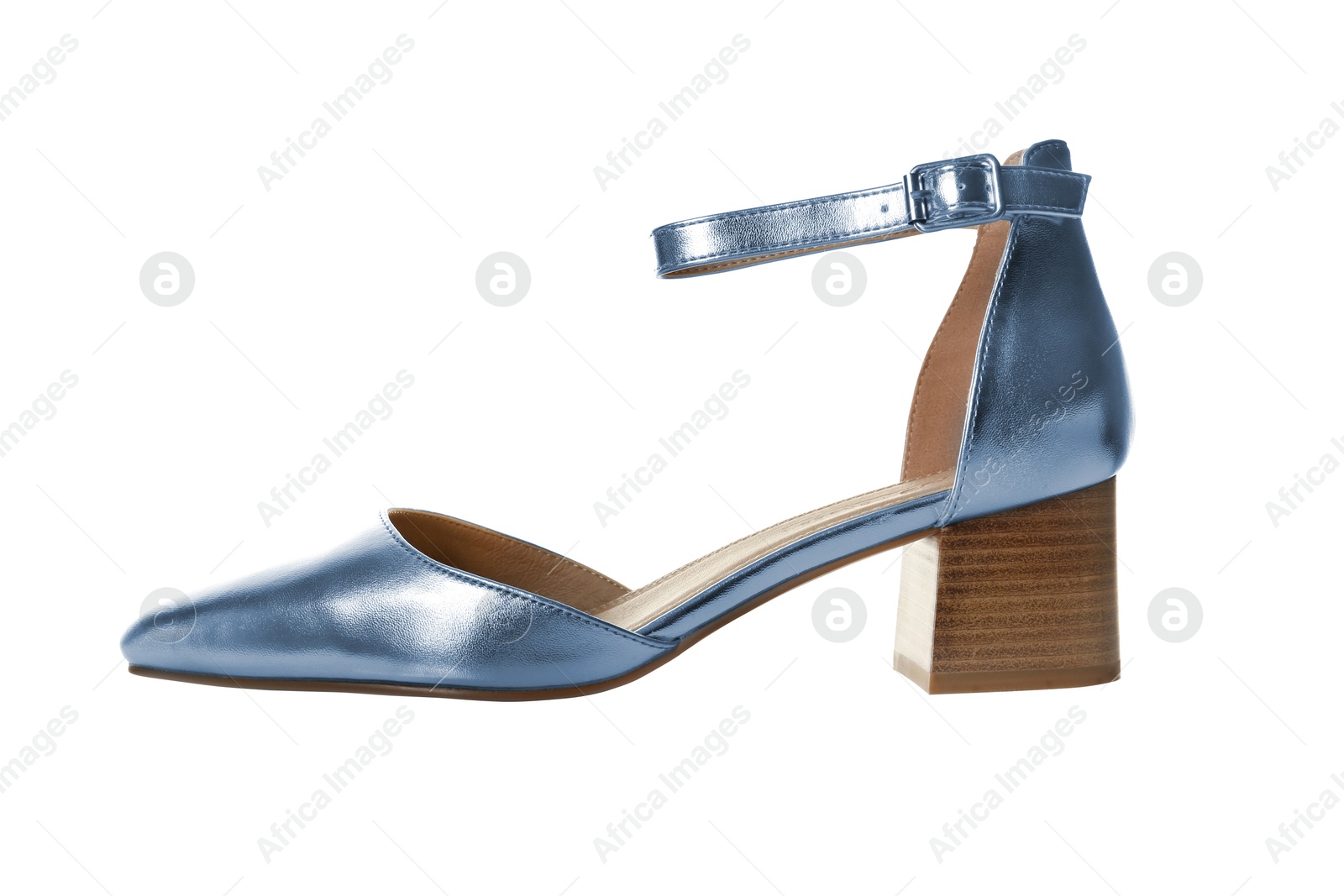 Image of One stylish high heeled shoe on white background