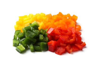Photo of Cut colorful bell peppers isolated on white