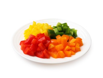 Photo of Cut colorful bell peppers isolated on white