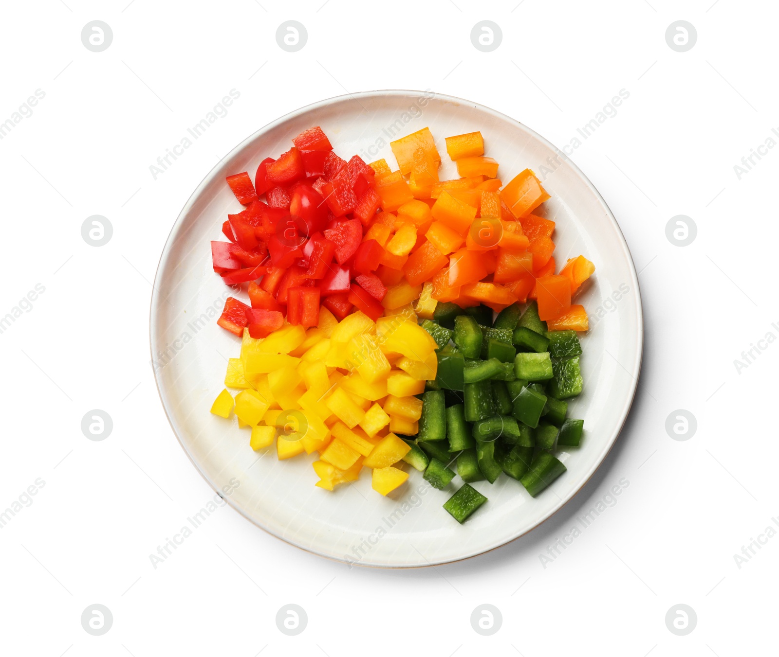 Cut colorful bell peppers isolated on white, top view Photo of Cut colorful bell peppers isolated on white, top view