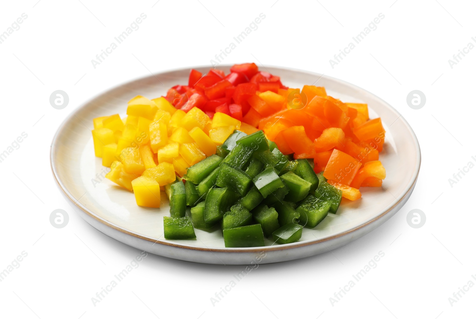 Cut colorful bell peppers isolated on white Photo of Cut colorful bell peppers isolated on white