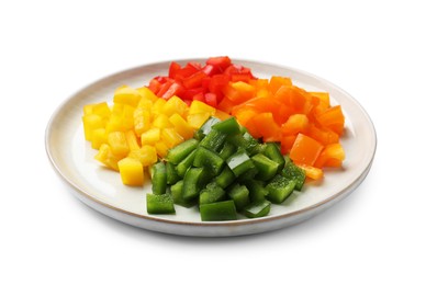 Photo of Cut colorful bell peppers isolated on white