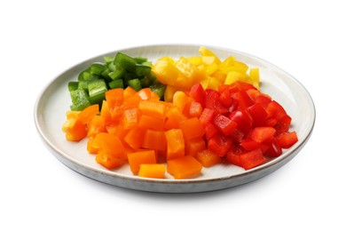 Photo of Cut colorful bell peppers isolated on white