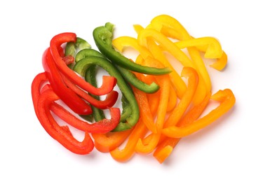 Photo of Cut colorful bell peppers isolated on white, top view