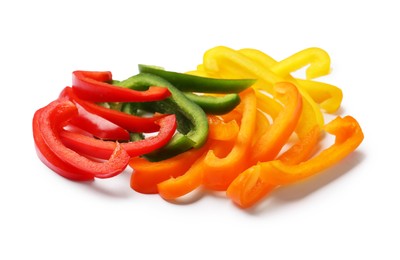 Photo of Cut colorful bell peppers isolated on white