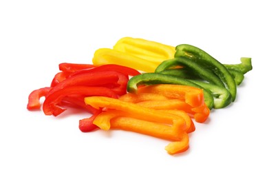Photo of Cut colorful bell peppers isolated on white