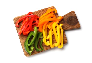 Photo of Cut colorful bell peppers isolated on white, top view