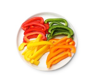Photo of Cut colorful bell peppers isolated on white, top view