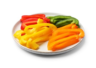 Photo of Cut colorful bell peppers isolated on white