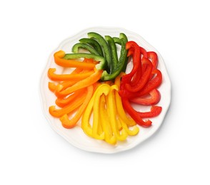 Photo of Cut colorful bell peppers isolated on white, top view