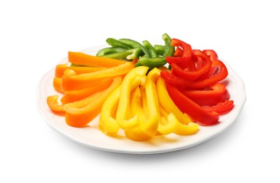 Photo of Cut colorful bell peppers isolated on white