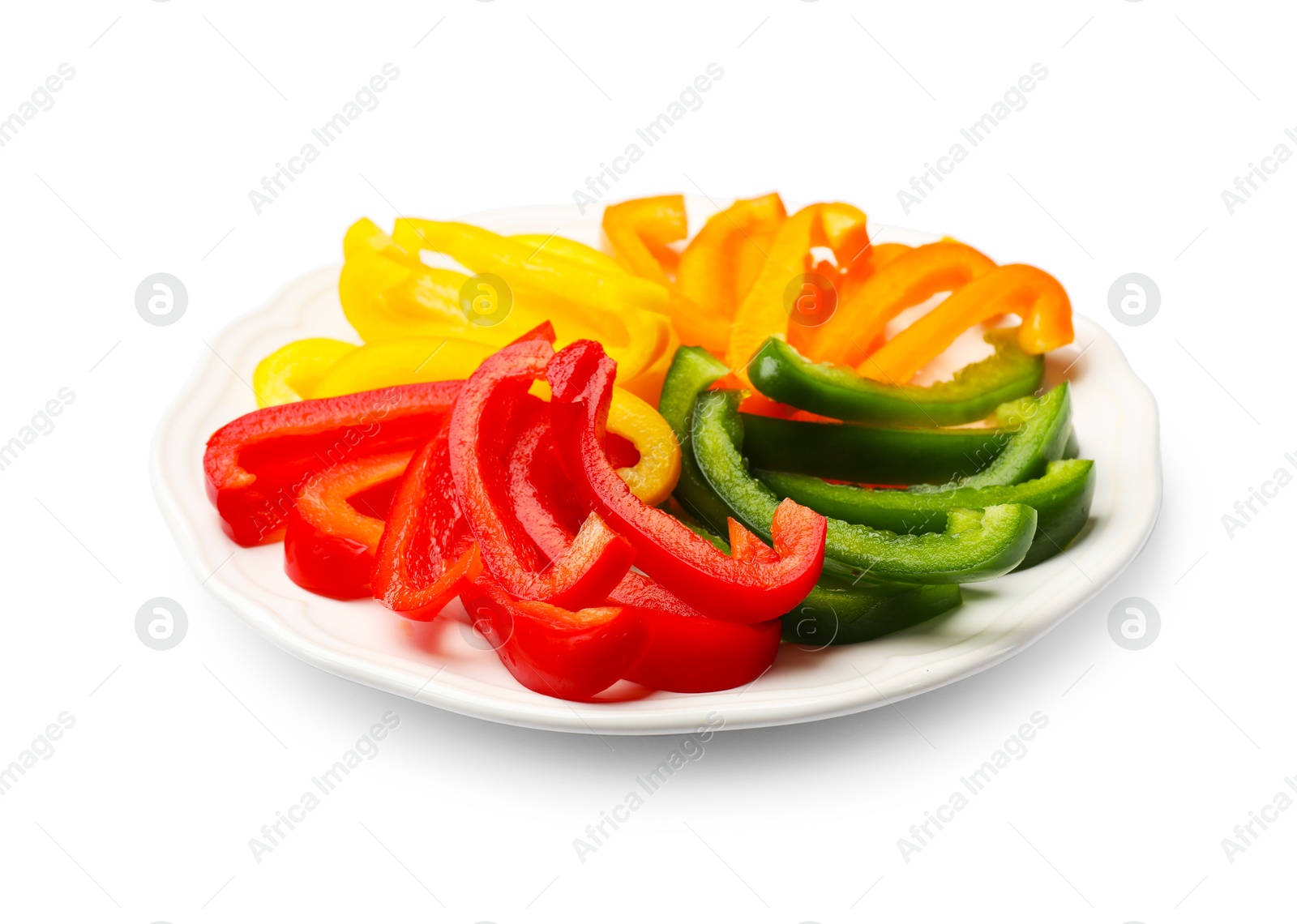 Cut colorful bell peppers isolated on white Photo of Cut colorful bell peppers isolated on white