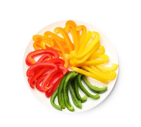 Photo of Cut colorful bell peppers isolated on white, top view