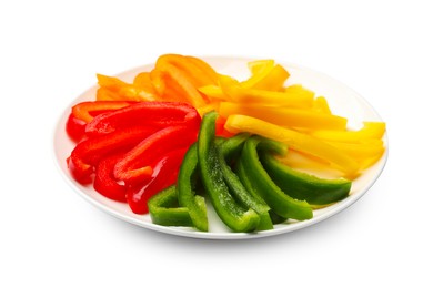 Photo of Cut colorful bell peppers isolated on white