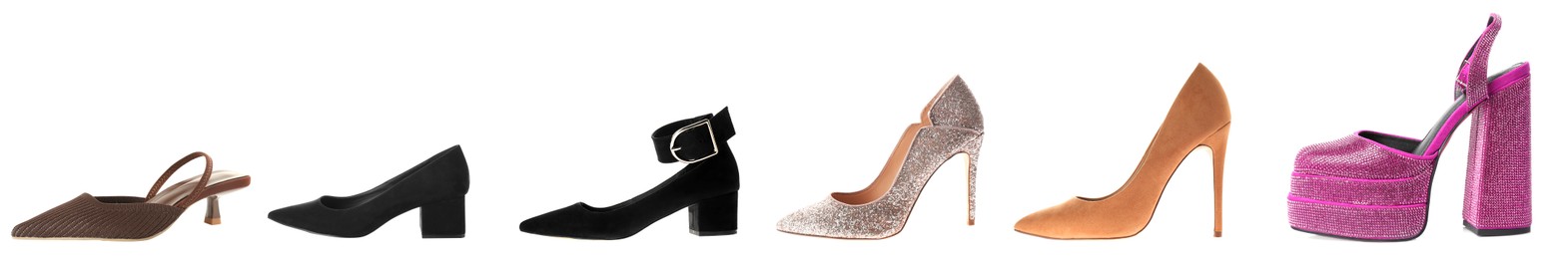 Image of Different fashionable high heeled shoes on white background, set