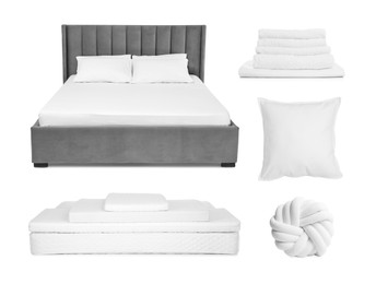 Image of Bed, towels, pillows and mattresses isolated on white, collage
