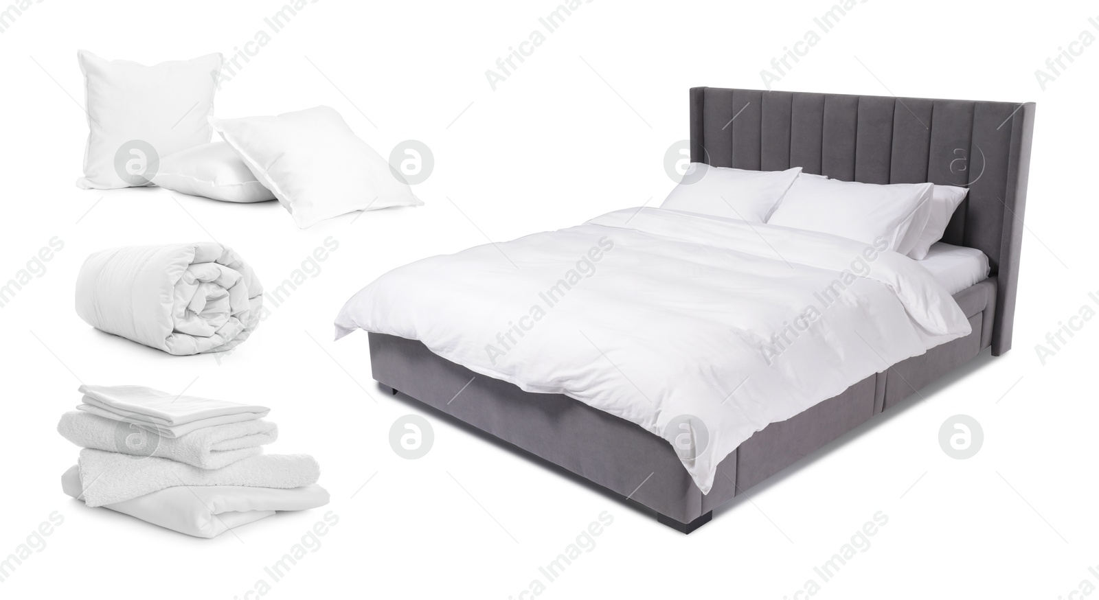 Made-up bed, pillows and towels isolated on white, collage Image of Made-up bed, pillows and towels isolated on white, collage
