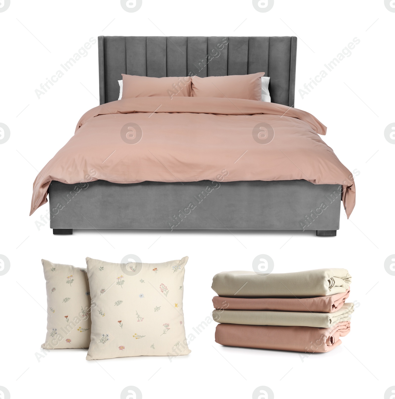 Made-up bed, pillows and linens isolated on white, collage Image of Made-up bed, pillows and linens isolated on white, collage