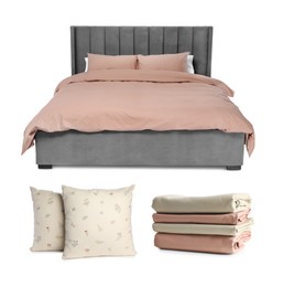 Image of Made-up bed, pillows and linens isolated on white, collage