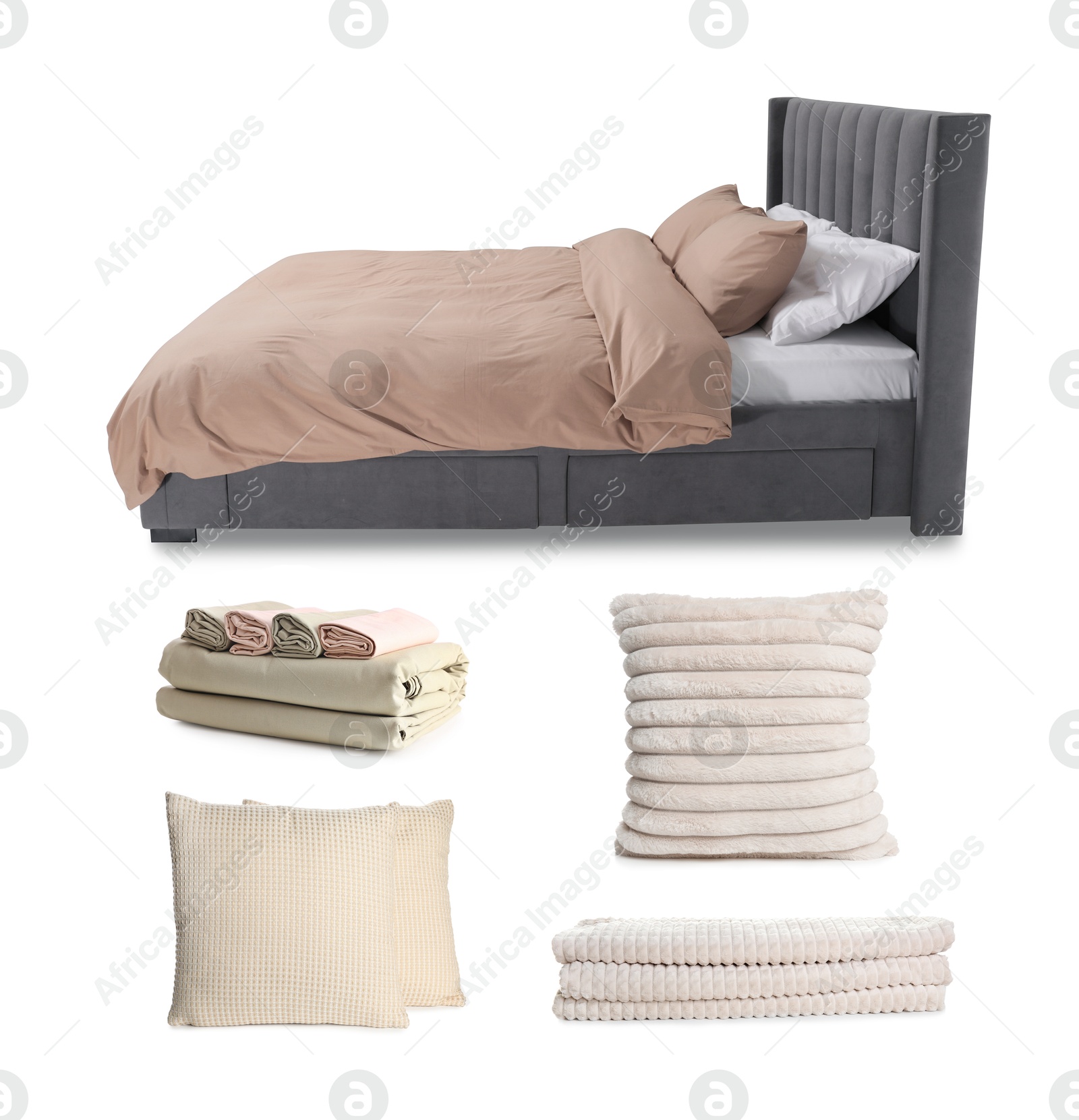 Made-up bed, pillows and linens isolated on white, collage Image of Made-up bed, pillows and linens isolated on white, collage