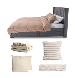 Image of Made-up bed, pillows and linens isolated on white, collage