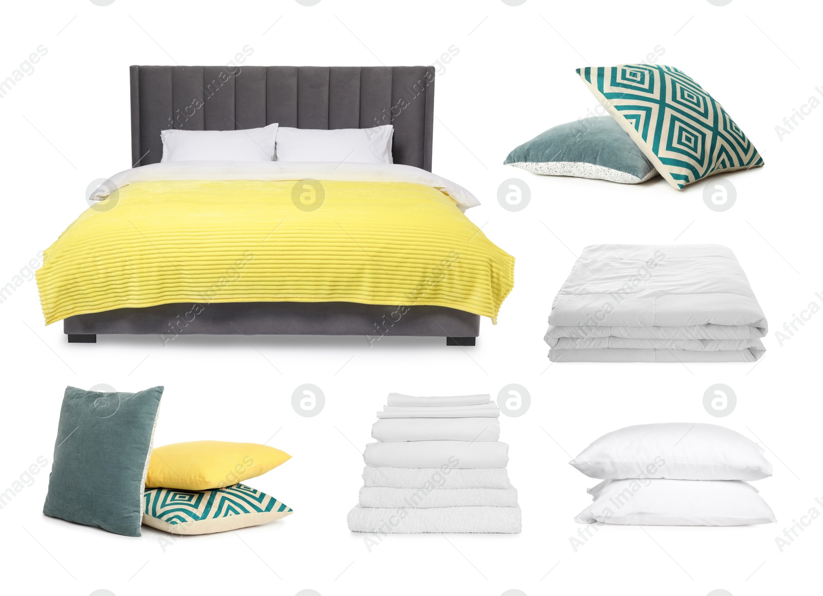 Made-up bed, pillows and linens isolated on white, collage Image of Made-up bed, pillows and linens isolated on white, collage