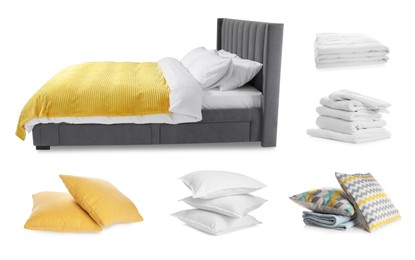 Image of Made-up bed, pillows and linens isolated on white, collage