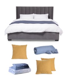 Image of Made-up bed, pillows, blanket and linens isolated on white, collage