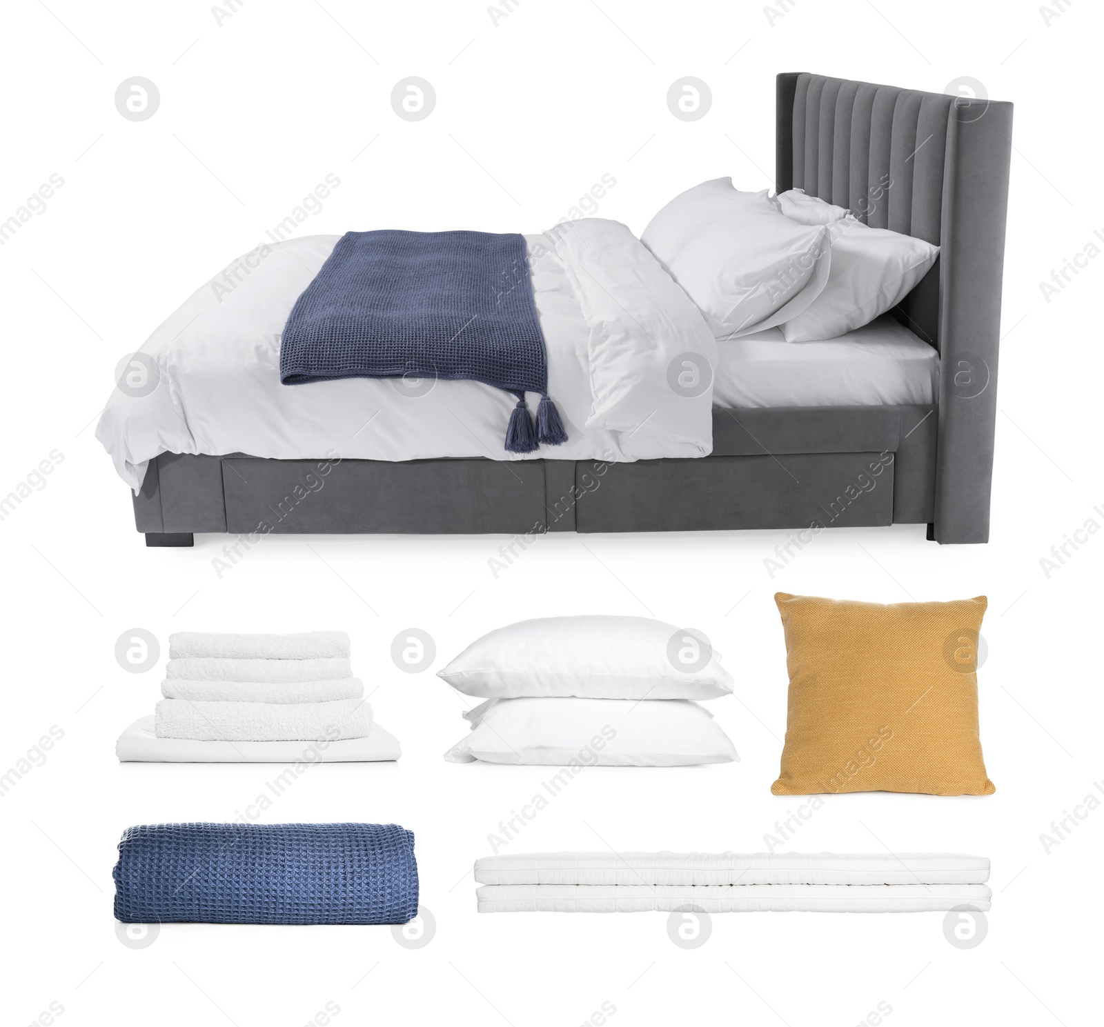 Made-up bed, pillows, towels and blanket isolated on white, collage Image of Made-up bed, pillows, towels and blanket isolated on white, collage