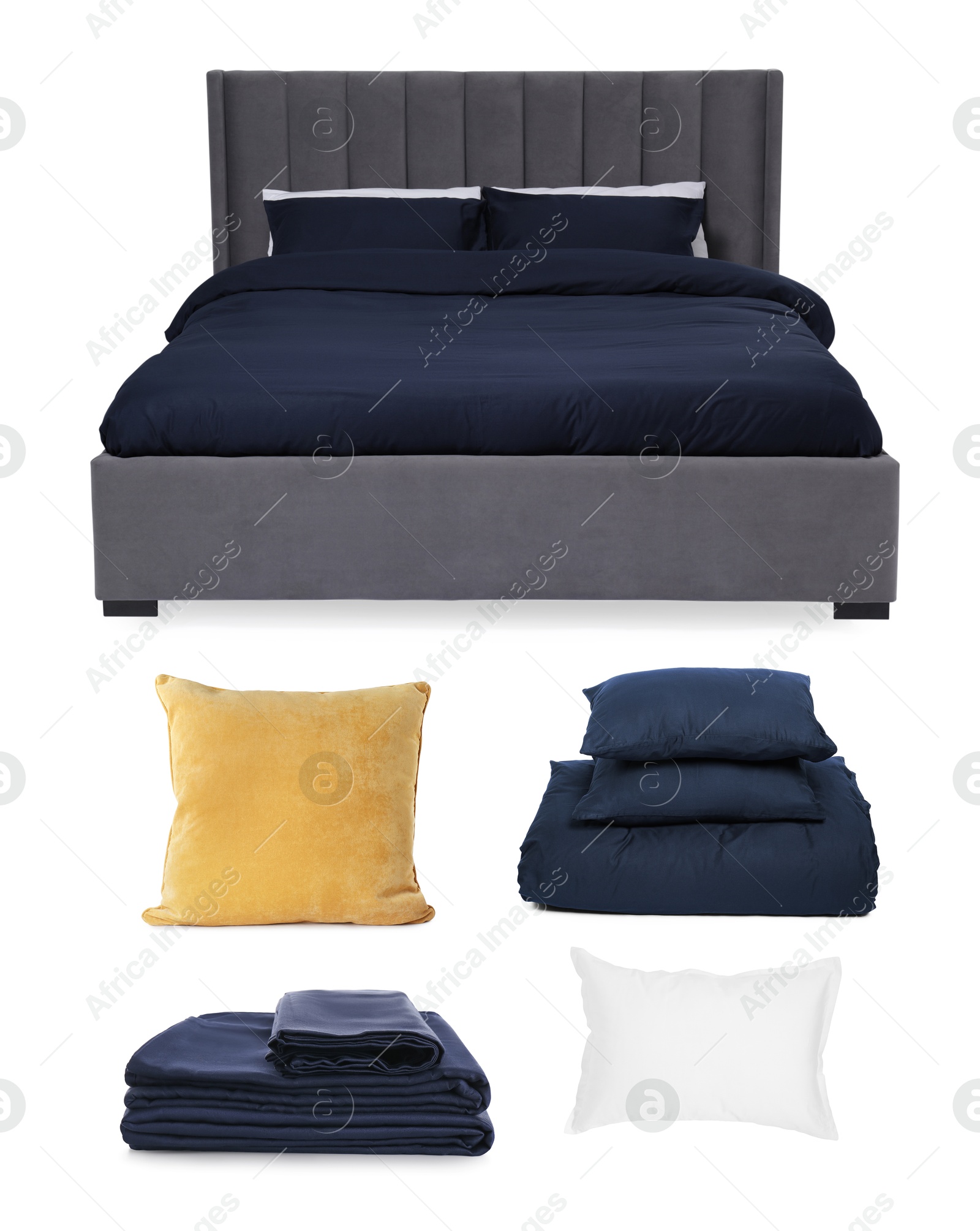 Made-up bed, pillows and linens isolated on white, collage Image of Made-up bed, pillows and linens isolated on white, collage