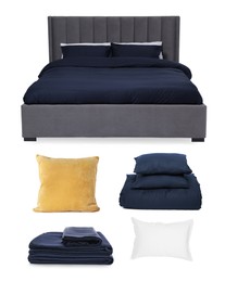 Image of Made-up bed, pillows and linens isolated on white, collage