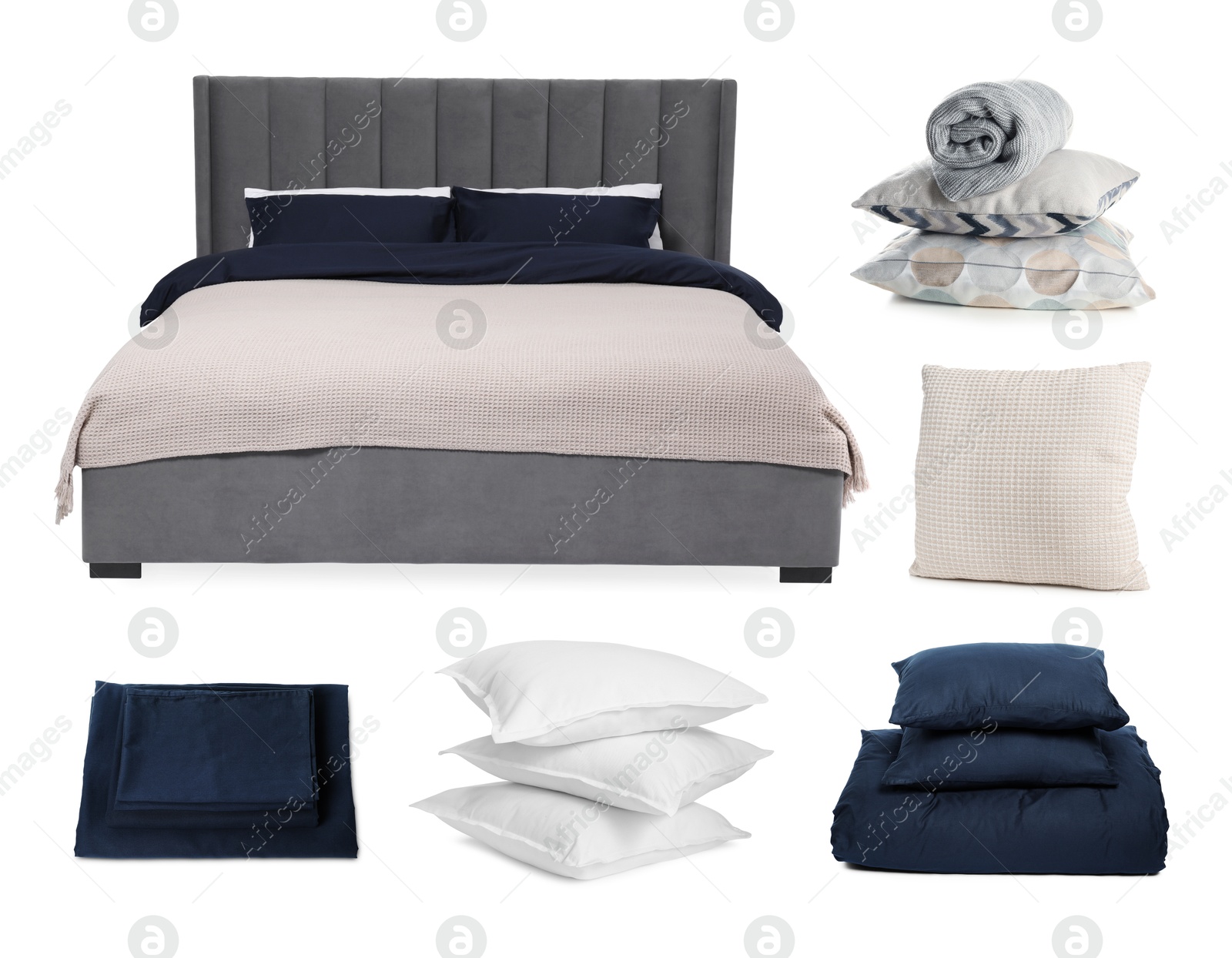 Made-up bed, pillows, blanket and linens isolated on white, collage Image of Made-up bed, pillows, blanket and linens isolated on white, collage