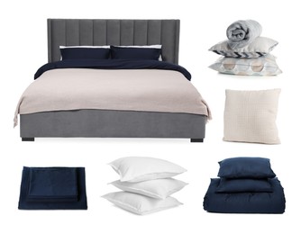 Image of Made-up bed, pillows, blanket and linens isolated on white, collage