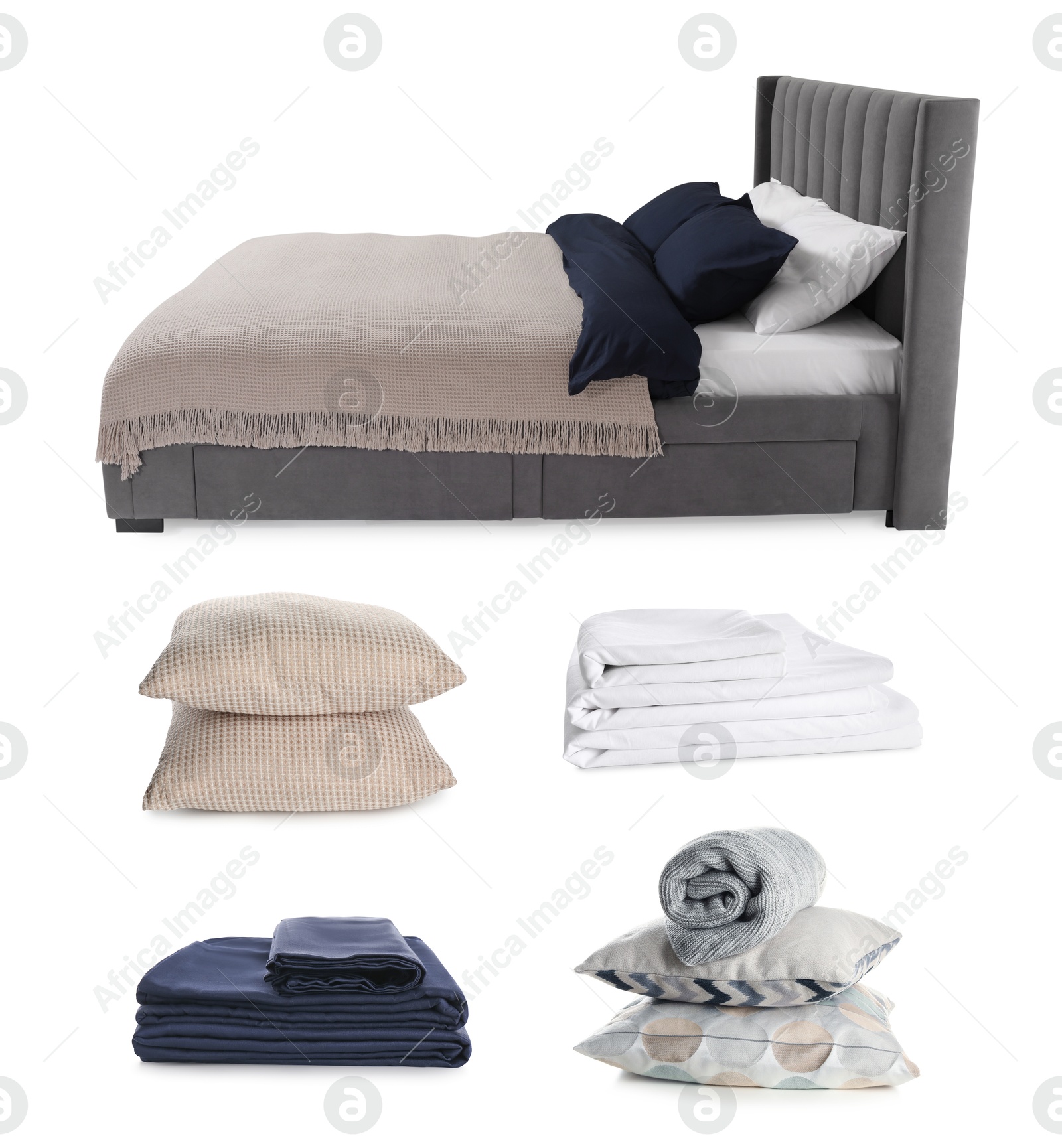 Made-up bed, pillows, blanket and linens isolated on white, collage Image of Made-up bed, pillows, blanket and linens isolated on white, collage