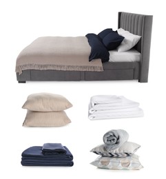 Image of Made-up bed, pillows, blanket and linens isolated on white, collage