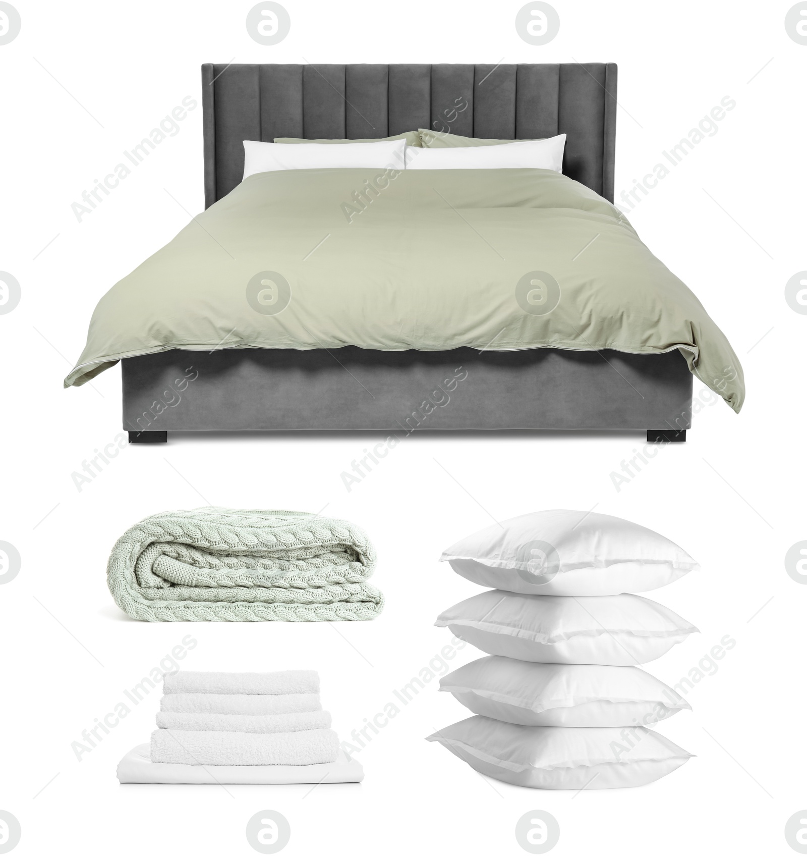 Made-up bed, pillows, blanket and towels isolated on white, collage Image of Made-up bed, pillows, blanket and towels isolated on white, collage