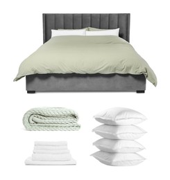 Image of Made-up bed, pillows, blanket and towels isolated on white, collage